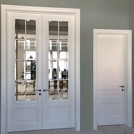 Белые двери с зеркальной отделкой: свет и пространство.